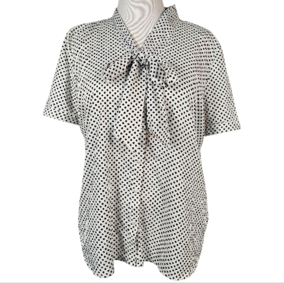 The Limited Tops - The Limited Black And White Polka Dot Button Up Tie Neck Blouse